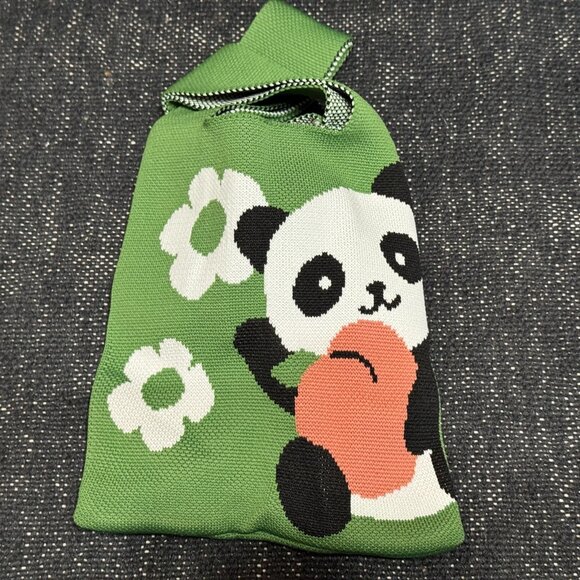 Japanese Style Knot Wristlet Bag, Jacquard Knit Floral Panda, Green Multi - Picture 3 of 7